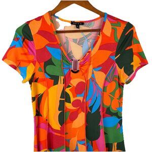 Sami + Jo Dress Womens Medium Boho Cap Sleeve Funky Orange Floral Knit Stretch